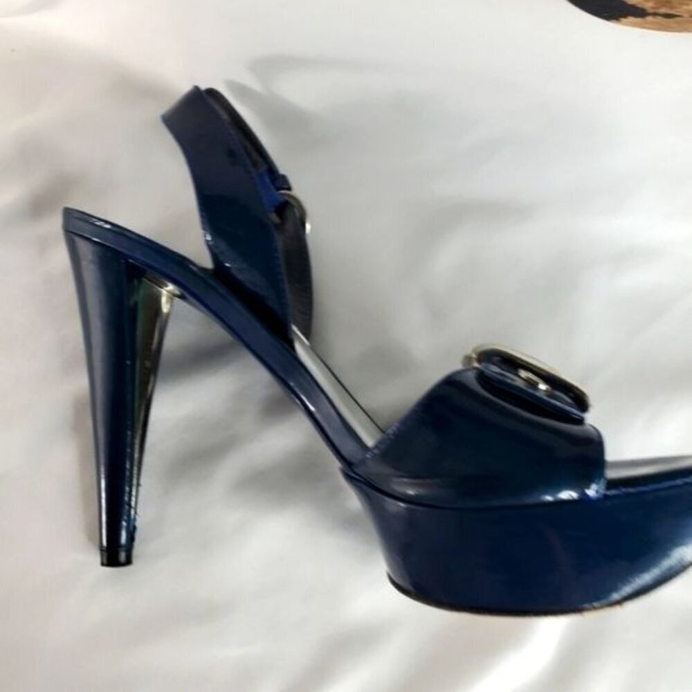 Stuart Weitzman blue patent leather buckle slingback platform shoes heel  7.5 - Picture 5 of 14